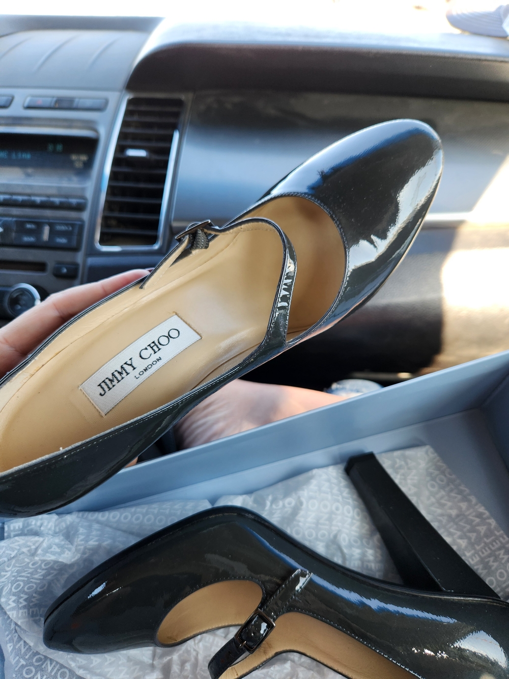 Jimmy Choo Deep Green Patent Mary Jane Heels 38